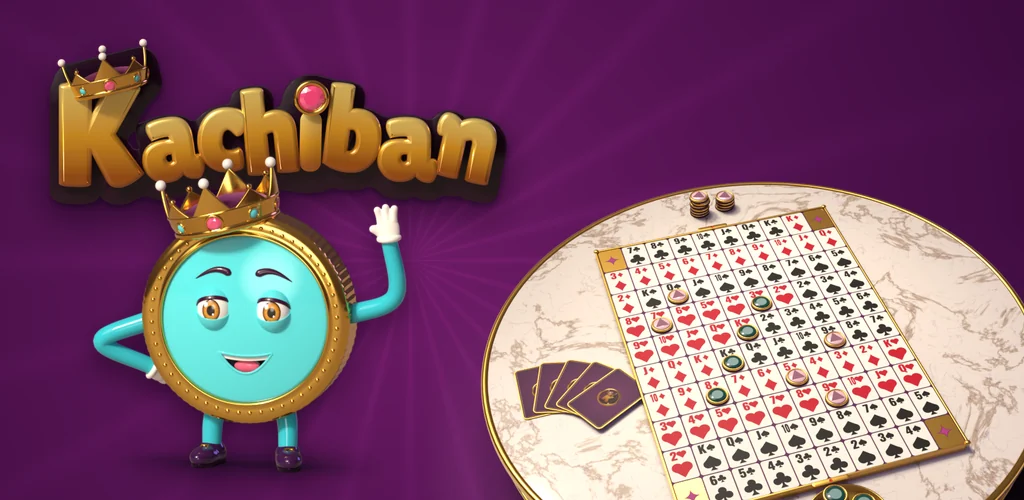 Kachiban: la mascota, una ficha con corona, saluda junto a una mesa con el tablero de cartas.